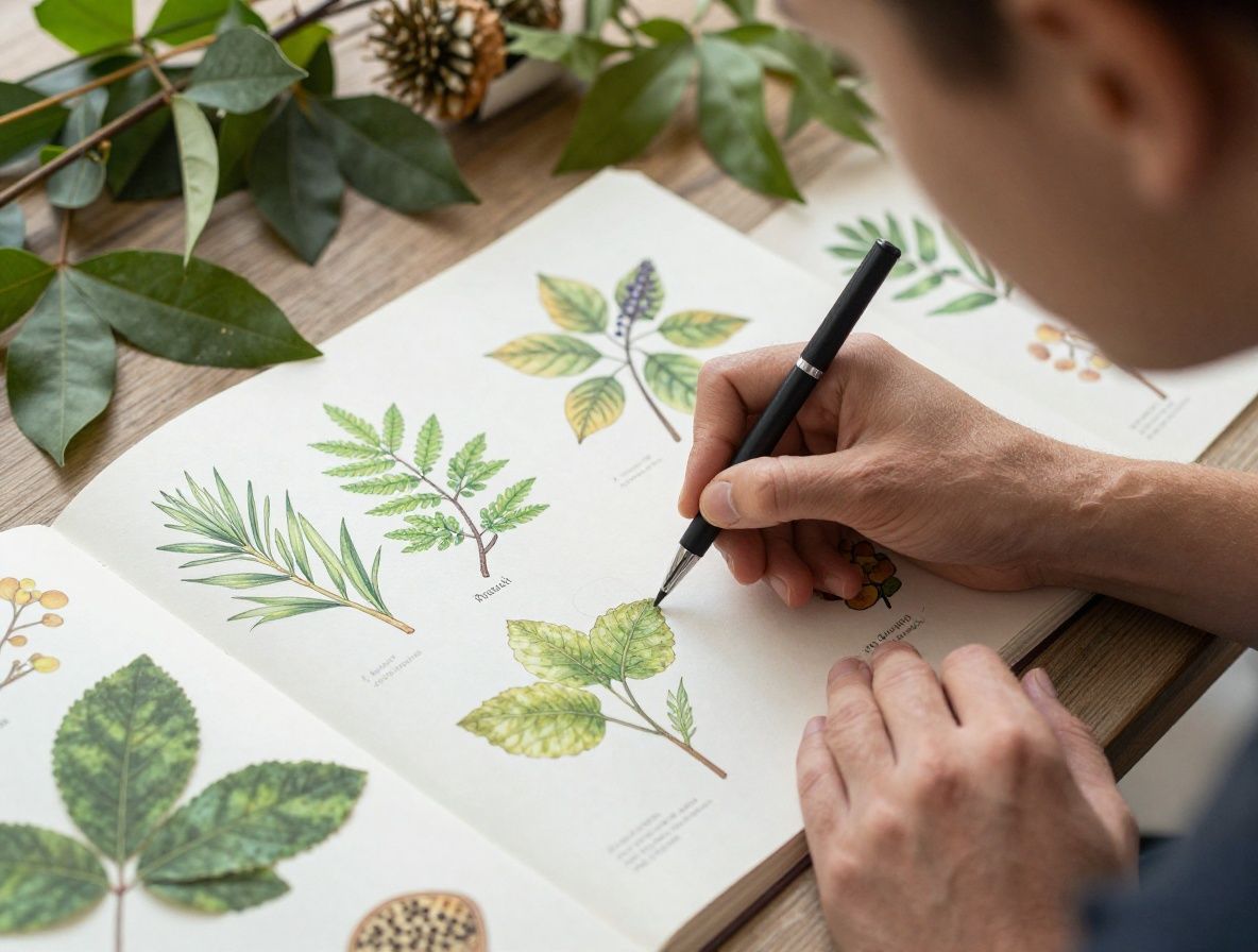 Otvorená vedecká kniha s botanickými ilustráciami rastlín a prírodných zložiek, položená na prírodnom pozadí so zelenými listami