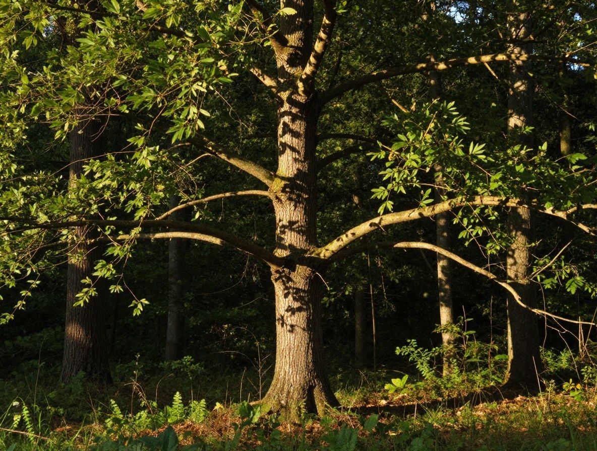 Zlaté slnečné svetlo prenikajúce cez konáre listnatého stromu v lese, symbolizujúce prirodzené slnečné žiarenie